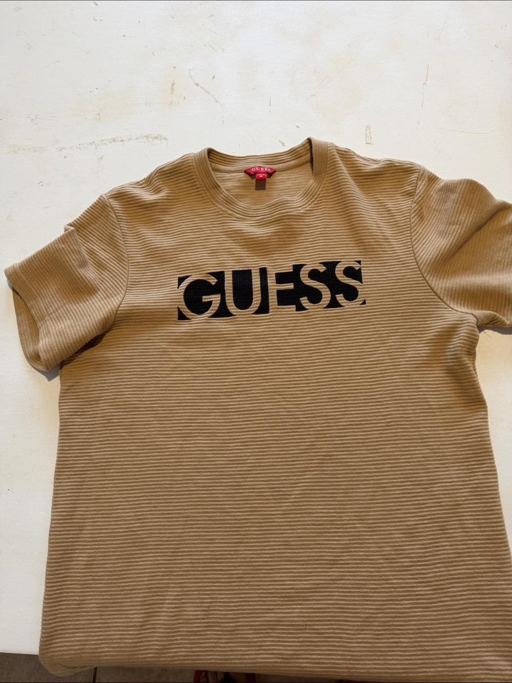 GUESS Men’s Tan Ribbed Short Sleeve Logo Tee